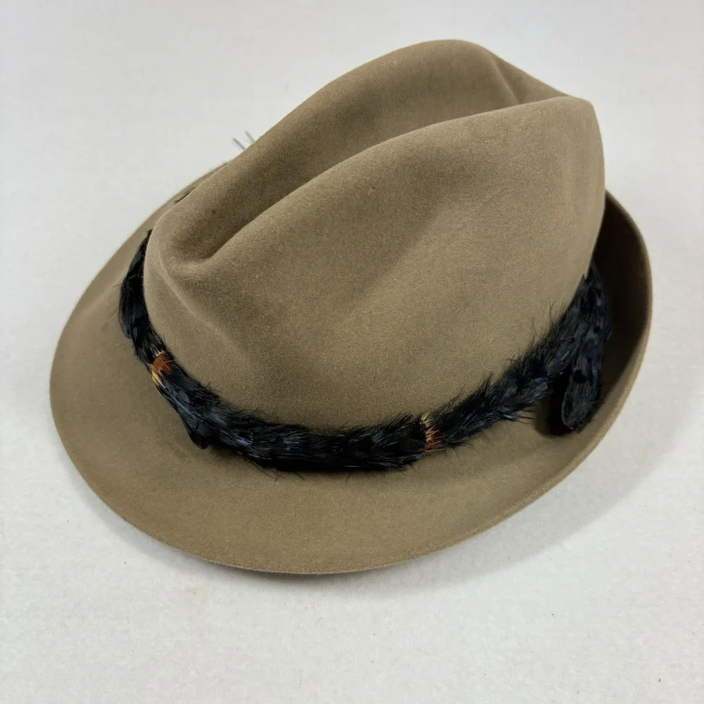 Vintage‎ Knox Jaguar Fedora Hat~ 7-1/8 Beige Feather Wrap Detail Classic